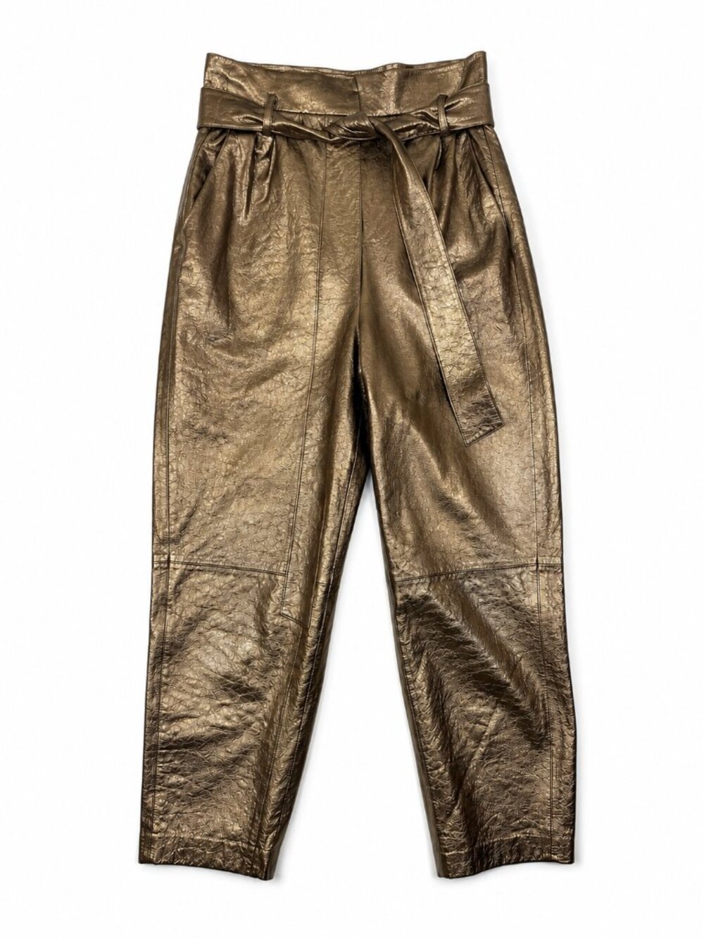 Alice Olivia Lamb Leather Pants Sz 6 Bronze Metallic Gabrielle High Rise Belted